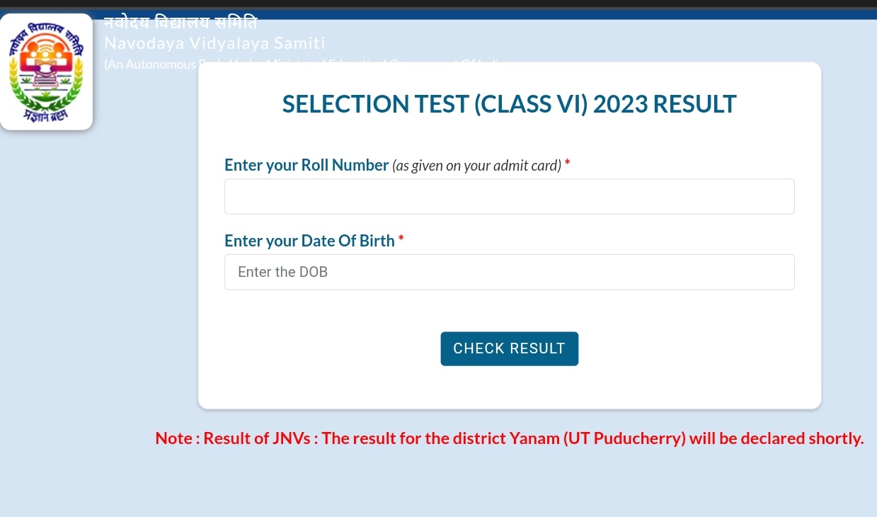 JNVST Class 6 Result 
